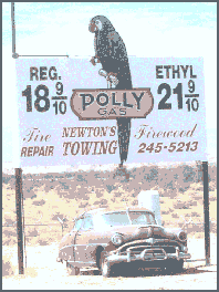 Photo of 
Polly Gas Station sign and 1949 Hudson